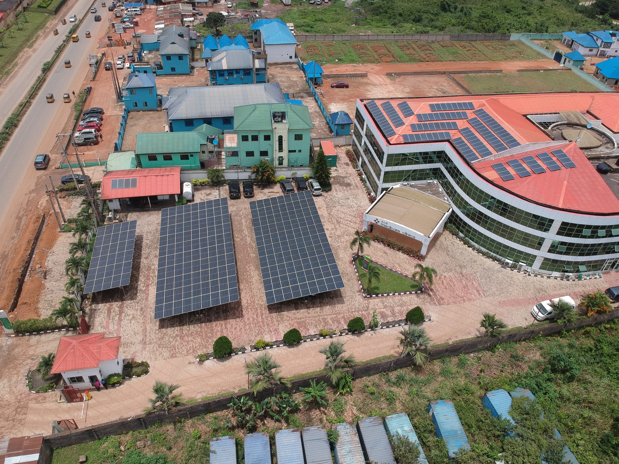 Arial image of a healthcare facility with solar panels